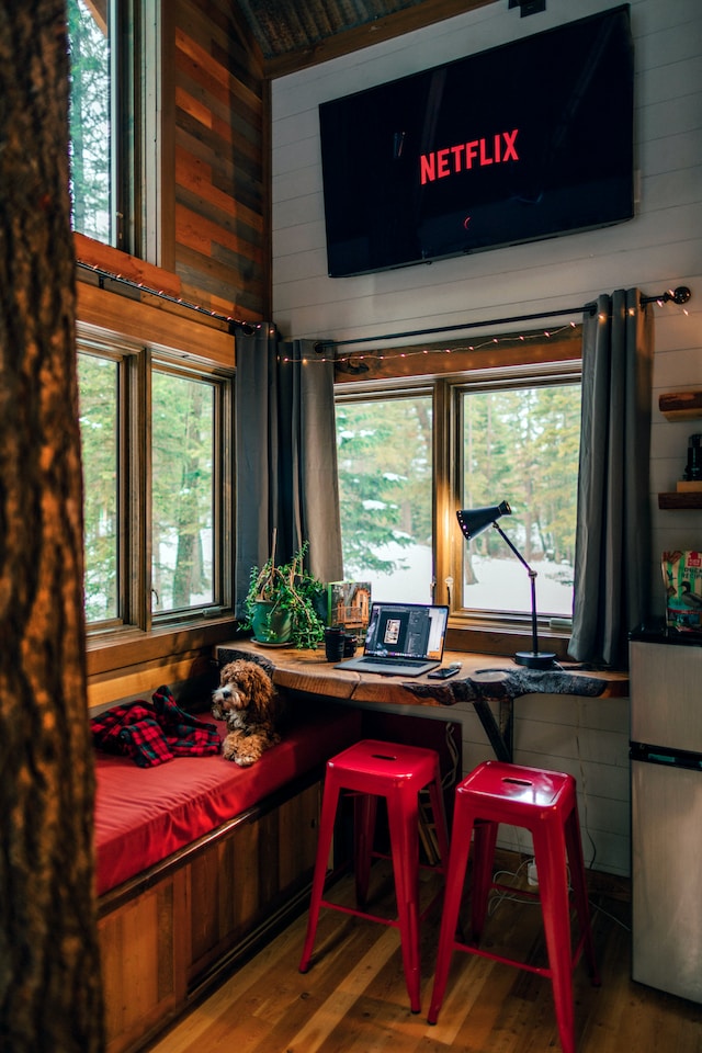 The interior of a tiny house highlighting the multifunctional aspects of the limited space