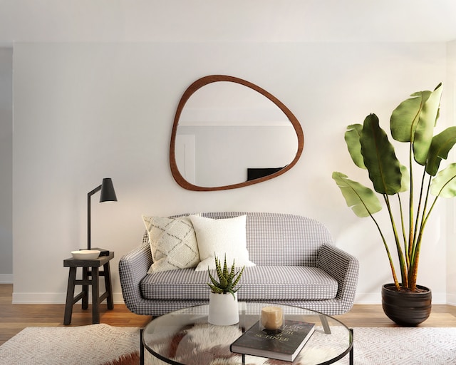 A uniquely shaped mirror hangs on the wall over a checkered couch