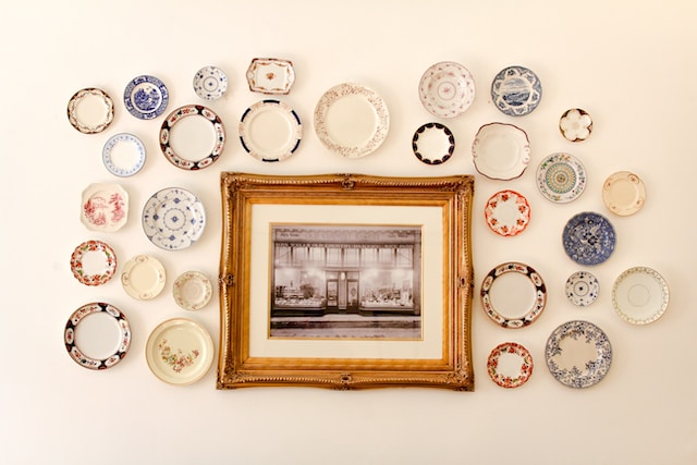 Frame surrounded by a variety of colorful plates 