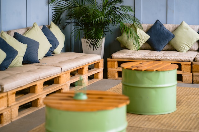 Couch and coffee tables made from repurposed wooden pallets