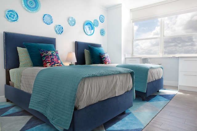 bedroom setup in blue hues